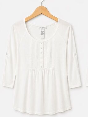 Free People White Pintuck Henley Top 100% Cotton | Size M